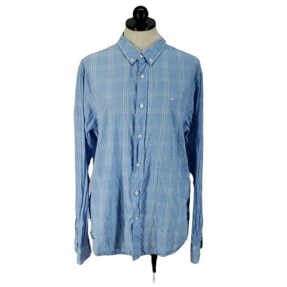Docker's Men Baby Blue Windowpane Plaid Button Down Long Sleeve Shirt Size Large